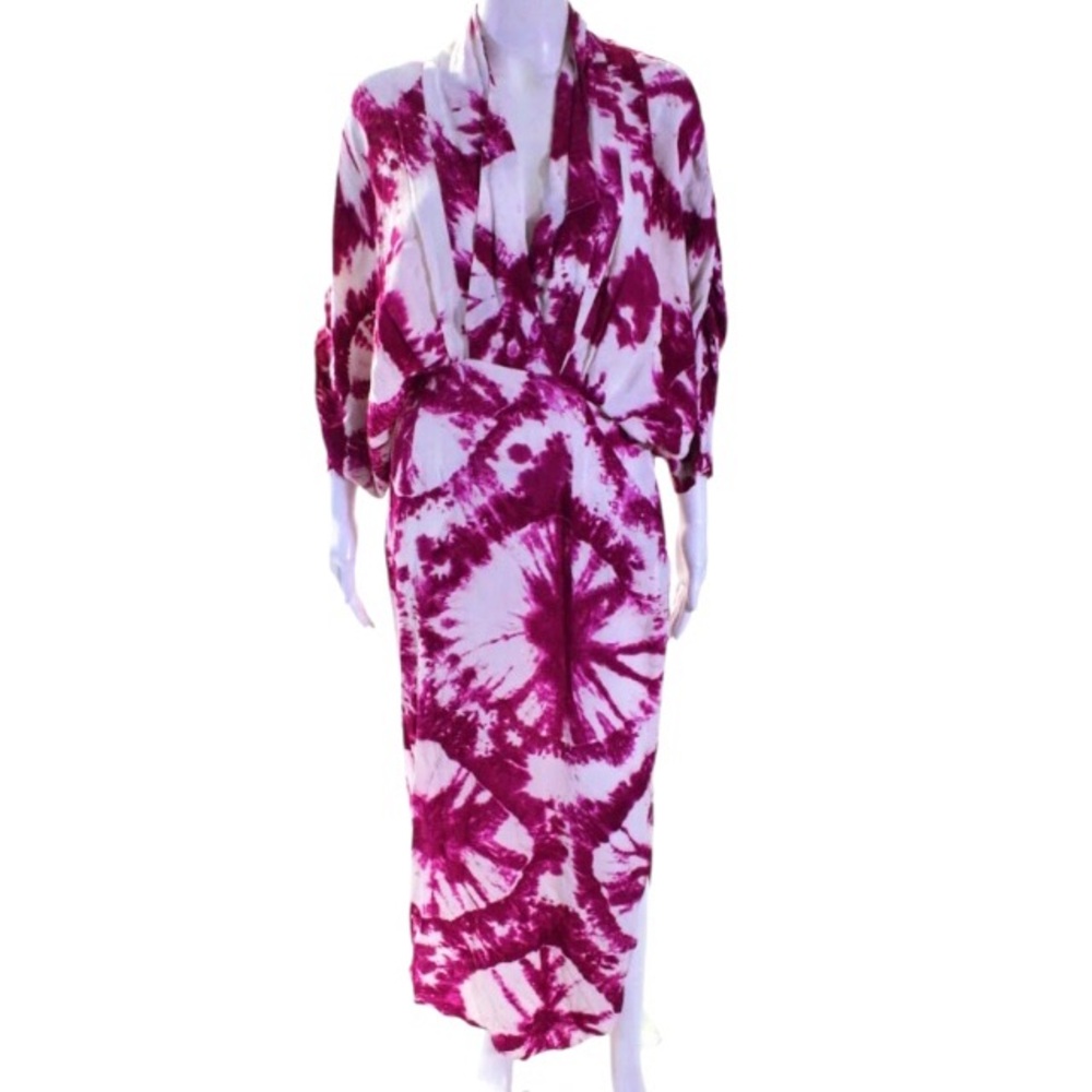 S/W/F Maxi Dress Size Small Magenta Pink White Tie Dye Plunge